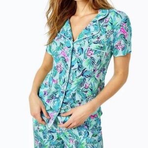 Lilly Pulitzer Button-down Knit Pajama Top Barking Up The Palm Tree - Small S